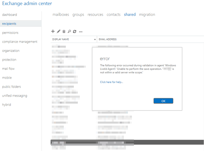 Error deleting shared mailbox Windows LiveId Agent - Exchange admin center
