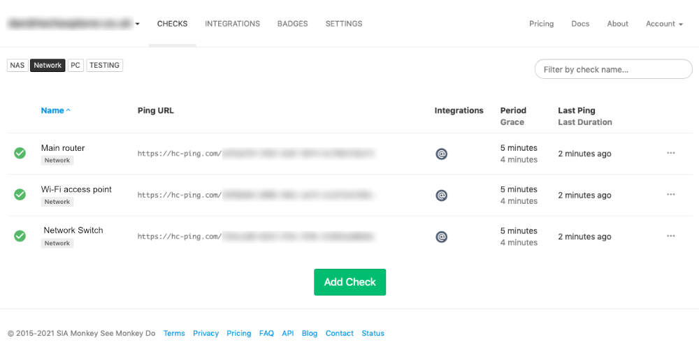 Network monitoring using Synology NAS: Healthchecks.io website showing 3 checks