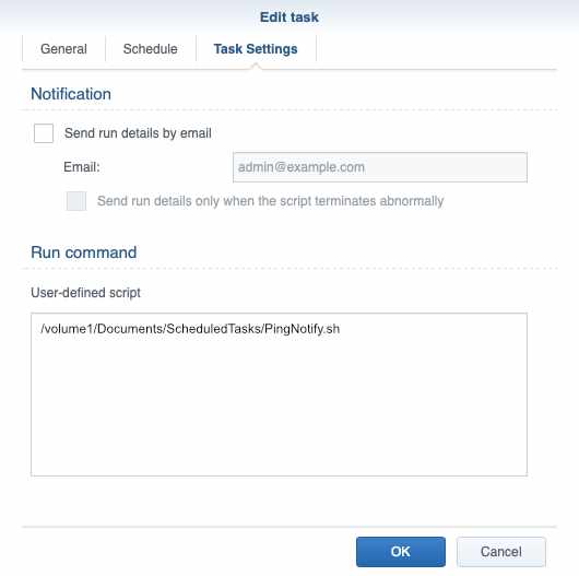 Network monitoring using Synology NAS: Scheduled Task settings, enter the file path for the script